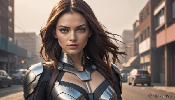 1girl,solo,long hair,looking at viewer,brown hair,brown eyes,closed mouth,upper body,outdoors,day,dark skin,armor,blurry,dark-skinned female,lips,bodysuit,depth of field,blurry background,ground vehicle,building,motor vehicle,forehead,realistic,nose,car,road,street,breasts,cleavage,medium breasts,makeup,shoulder armor,pauldrons,serious