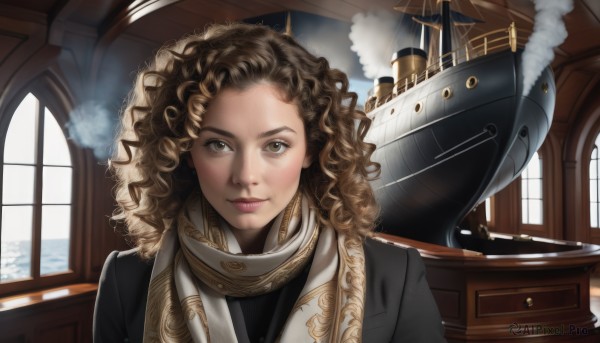 1girl,solo,long hair,looking at viewer,smile,brown hair,brown eyes,closed mouth,upper body,indoors,scarf,lips,window,wavy hair,portrait,smoke,curly hair,realistic,aircraft,nose,watercraft,ship,jacket,day,medium hair,forehead,backlighting