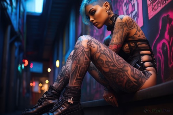 1girl,solo,breasts,short hair,thighhighs,bare shoulders,jewelry,medium breasts,sitting,closed mouth,blue hair,closed eyes,braid,earrings,boots,shoes,black footwear,blurry,from side,leotard,lips,tattoo,makeup,blurry background,piercing,ring,eyeshadow,nose,arm tattoo,shoulder tattoo,undercut,leg tattoo,mascara,cyberpunk,neck tattoo,neon lights,looking at viewer,outdoors,dark skin,collar,dark-skinned female,sideboob,night,ear piercing,very short hair,leather,graffiti,eyebrow piercing