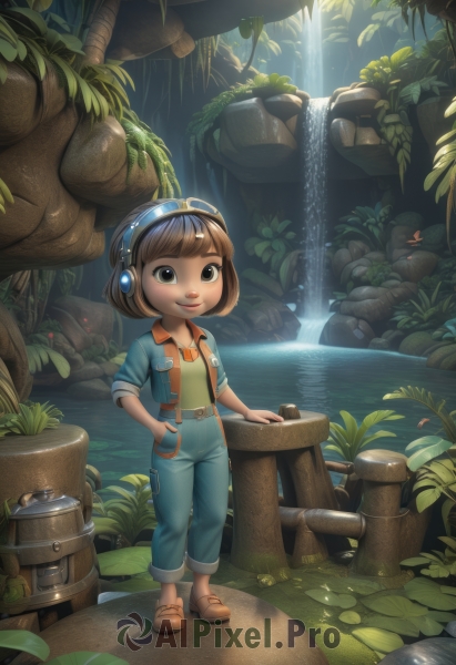 1girl,solo,looking at viewer,smile,short hair,bangs,brown hair,shirt,brown eyes,standing,jacket,full body,outdoors,open clothes,shoes,day,belt,pants,blunt bangs,water,black eyes,open jacket,glowing,headphones,leaf,brown footwear,sandals,plant,child,nature,scenery,sleeves rolled up,pocket,hand in pocket,rock,female child,brown belt,overalls,jumpsuit,waterfall,lily pad,barrel,short sleeves,parted lips,teeth,tree,bob cut,suspenders,denim,orange shirt,log