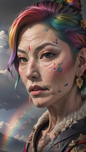 1girl,solo,looking at viewer,short hair,hair ornament,jewelry,green eyes,pink hair,purple hair,flower,red hair,multicolored hair,earrings,parted lips,green hair,sky,teeth,cloud,black eyes,two-tone hair,lips,grey eyes,fur trim,makeup,facial mark,cloudy sky,portrait,realistic,nose,rainbow,rainbow hair,artist name,hair flower,eyelashes,facial hair,heterochromia,single hair bun,sunflower,hair stick,facepaint