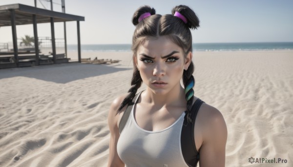 1girl,solo,long hair,breasts,looking at viewer,bangs,shirt,black hair,cleavage,bare shoulders,twintails,brown eyes,medium breasts,closed mouth,collarbone,upper body,braid,multicolored hair,small breasts,outdoors,sleeveless,day,bag,black eyes,twin braids,lips,ocean,beach,backpack,tank top,realistic,sand,brown hair,hair bun,double bun,white tank top