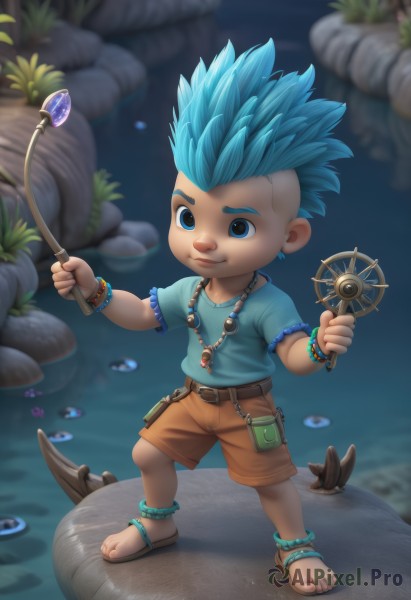 solo,smile,short hair,blue eyes,shirt,1boy,holding,jewelry,blue hair,standing,full body,short sleeves,male focus,outdoors,shorts,barefoot,belt,artist name,water,necklace,blurry,bracelet,toes,blurry background,sandals,blue shirt,spiked hair,child,rock,anklet,male child,mushroom,brown shorts,fishing rod,turtle,night,t-shirt,fish,pouch