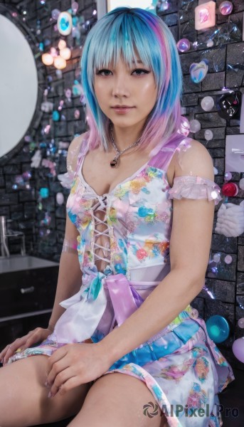 1girl,solo,breasts,looking at viewer,short hair,bangs,blue eyes,dress,cleavage,bare shoulders,jewelry,medium breasts,sitting,blue hair,pink hair,multicolored hair,small breasts,parted lips,sleeveless,necklace,nail polish,black eyes,two-tone hair,lips,fingernails,gradient hair,sleeveless dress,realistic,nose,brick wall,arm garter,skirt,wings