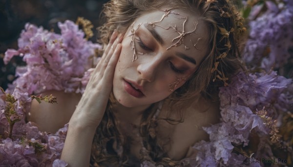 1girl,solo,long hair,blonde hair,brown hair,hair ornament,bare shoulders,closed eyes,flower,parted lips,artist name,blurry,lips,eyelashes,depth of field,blurry background,portrait,facing viewer,hand on own face,freckles,realistic,red lips,jewelry,hand up,blood,makeup,blood on face