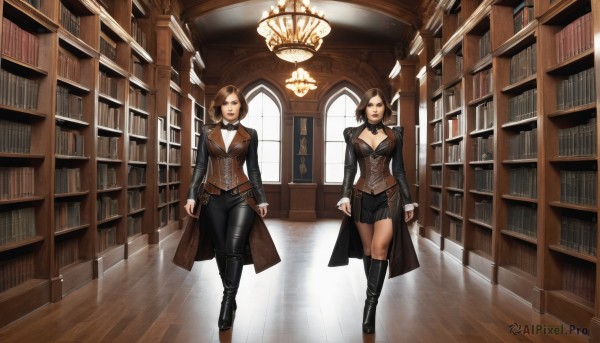 long hair,breasts,looking at viewer,short hair,multiple girls,skirt,large breasts,brown hair,long sleeves,2girls,cleavage,brown eyes,jewelry,medium breasts,standing,jacket,boots,choker,belt,pants,indoors,black footwear,vest,coat,book,window,black pants,knee boots,corset,walking,arms at sides,bookshelf,leather,library,chandelier,smile,bangs,shirt,thighhighs,bow,closed mouth,white shirt,parted lips,shorts,striped,collared shirt,miniskirt,bowtie,black skirt,high heels,lips,dress shirt,makeup,thigh boots,black shorts,formal,crossed legs,lipstick,wooden floor,stairs,red lips,candle,waistcoat,reflective floor,leather boots