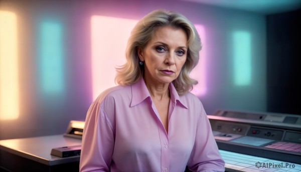 HQ,1girl,solo,looking at viewer,short hair,blue eyes,blonde hair,shirt,jewelry,sitting,upper body,grey hair,earrings,collared shirt,indoors,medium hair,blurry,lips,dress shirt,makeup,buttons,blurry background,chair,lipstick,desk,freckles,realistic,nose,computer,old,monitor,keyboard (computer),old woman,wrinkled skin,eyeshadow,pink shirt