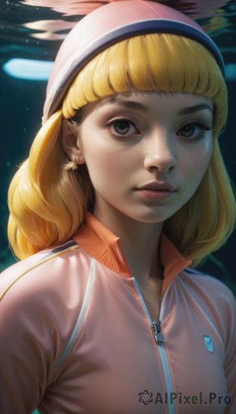 1girl,solo,long hair,looking at viewer,bangs,blonde hair,hat,brown eyes,jewelry,jacket,upper body,earrings,parted lips,blunt bangs,black eyes,lips,eyelashes,zipper,freckles,realistic,nose,pink jacket