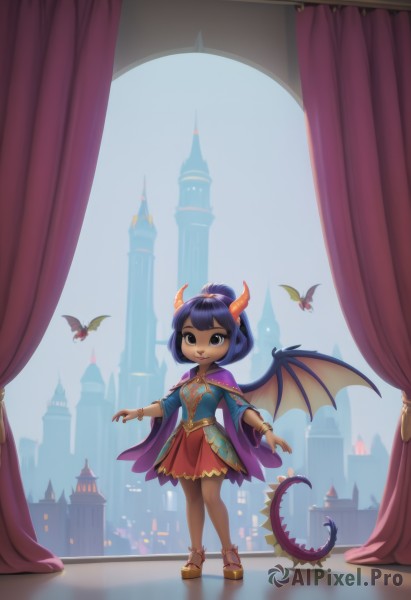 1girl,solo,looking at viewer,smile,short hair,open mouth,bangs,skirt,dress,brown eyes,jewelry,blue hair,standing,tail,full body,purple hair,wings,horns,dark skin,blunt bangs,cape,black eyes,bracelet,dark-skinned female,red skirt,fangs,sandals,curtains,reflection,dragon horns,dragon girl,anklet,dragon,dragon tail,castle,dragon wings,black hair,teeth,bat (animal)