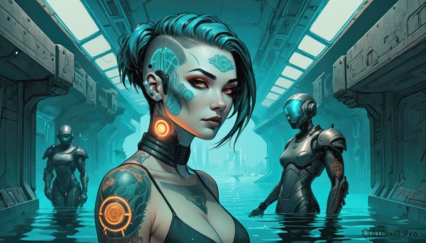 breasts,looking at viewer,short hair,multiple girls,2girls,cleavage,jewelry,medium breasts,blue hair,swimsuit,yellow eyes,ponytail,bikini,earrings,choker,3girls,water,armor,lips,orange eyes,bodysuit,tattoo,makeup,black bikini,glowing,piercing,helmet,robot,ear piercing,wading,partially submerged,science fiction,nose,android,stud earrings,cyborg,power armor,neon trim,cyberpunk,hologram,1girl,large breasts,black hair,1boy,upper body,small breasts,solo focus,colored skin,facial mark,lipstick,pale skin,glowing eyes,eyeshadow,short ponytail,forehead mark,eyeliner,joints,facepaint,very short hair,grey skin,facial tattoo,hair pulled back,robot joints,mascara,black lips,eyebrow piercing