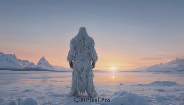 solo,standing,outdoors,sky,water,from behind,no humans,ocean,beach,scenery,claws,1other,sunset,monster,mountain,sun,horizon,extra arms,mountainous horizon,gradient sky,sunrise,long hair,1boy,male focus,rock,facing away,giant