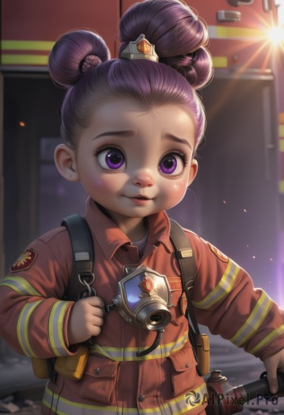 1girl,solo,looking at viewer,smile,short hair,hair ornament,long sleeves,purple eyes,jacket,upper body,purple hair,parted lips,bag,hair bun,lips,double bun,blurry background,backpack,child,female child,blush,shirt,holding,eyelashes,sunlight,single hair bun,pouch,nose,orange jacket,patch