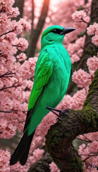 solo,closed mouth,full body,flower,outdoors,blurry,black eyes,tree,pokemon (creature),no humans,depth of field,blurry background,bird,animal,cherry blossoms,pink flower,realistic,branch,animal focus,in tree,beak,day,from side,watermark