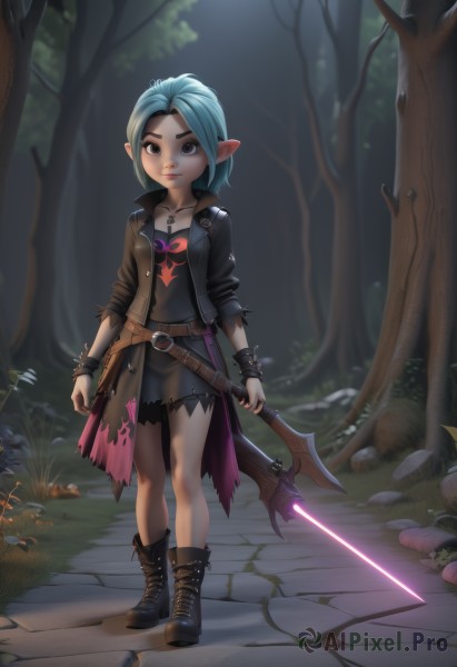 1girl,solo,looking at viewer,smile,short hair,dress,holding,brown eyes,jewelry,closed mouth,blue hair,standing,collarbone,jacket,full body,weapon,boots,outdoors,open clothes,pointy ears,belt,sword,artist name,necklace,holding weapon,bracelet,open jacket,tree,lips,torn clothes,night,glowing,brown footwear,holding sword,thick eyebrows,nature,buckle,spikes,cross-laced footwear,forest,belt buckle,leather,mushroom,spiked bracelet,path,studded bracelet,breasts,skirt,black eyes,moon,child,fantasy