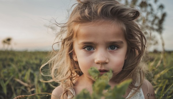 1girl,solo,long hair,looking at viewer,blue eyes,blonde hair,brown hair,bare shoulders,jewelry,closed mouth,upper body,outdoors,day,artist name,blurry,lips,grey eyes,depth of field,blurry background,plant,wind,messy hair,portrait,realistic,blush,sky,leaf,grass,field