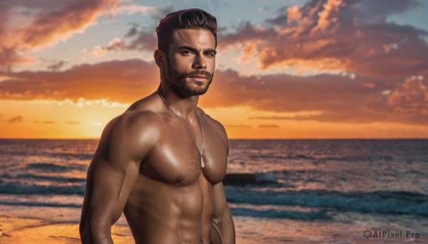 solo,looking at viewer,short hair,brown hair,black hair,1boy,navel,brown eyes,jewelry,closed mouth,nipples,upper body,male focus,nude,outdoors,sky,cloud,dark skin,water,necklace,muscular,facial hair,ocean,beach,abs,dark-skinned male,cloudy sky,pectorals,muscular male,bara,beard,large pectorals,topless male,sunset,mature male,realistic,sand,manly,undercut,chest hair,dog tags,navel hair,artist name,very dark skin,arm hair