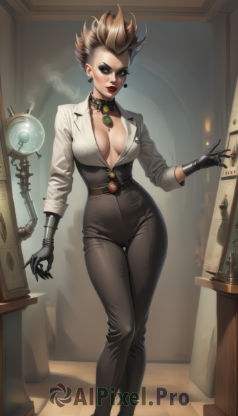 1girl,solo,breasts,looking at viewer,short hair,large breasts,brown hair,shirt,gloves,cleavage,brown eyes,jewelry,standing,full body,white shirt,multicolored hair,earrings,choker,black gloves,belt,pants,indoors,necklace,mole,high heels,collar,lips,no bra,makeup,buttons,thigh gap,black pants,formal,lipstick,spiked hair,sleeves rolled up,eyeshadow,smoke,red lips,mechanical arms,high-waist pants,steampunk,blonde hair,spikes,hoop earrings,mature female,spiked collar,single mechanical arm,black lips