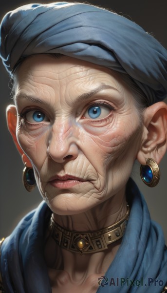 1girl,solo,looking at viewer,blue eyes,simple background,jewelry,closed mouth,collarbone,male focus,earrings,choker,lips,portrait,blue headwear,realistic,old,turban,old woman,wrinkled skin,white hair,grey hair,collar,eyelashes,nose,old man