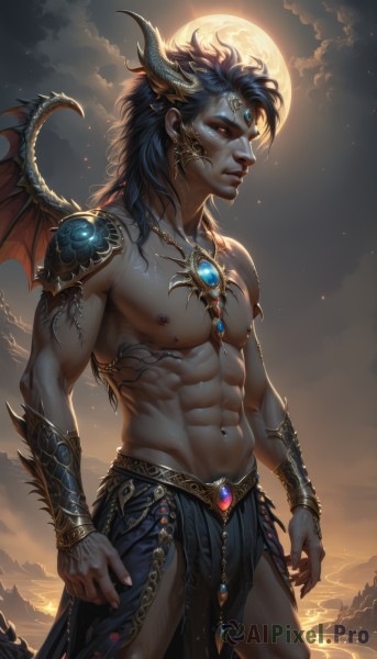 solo,long hair,looking at viewer,black hair,red eyes,1boy,navel,jewelry,closed mouth,nipples,blue hair,standing,male focus,cowboy shot,earrings,outdoors,wings,horns,sky,artist name,cloud,signature,water,necklace,stomach,armor,fingernails,tattoo,muscular,night,glowing,colored skin,piercing,abs,moon,cloudy sky,pectorals,muscular male,demon horns,shoulder armor,gem,ear piercing,night sky,bara,glowing eyes,pelvic curtain,full moon,wading,dragon horns,demon wings,veins,toned,pauldrons,topless male,realistic,nose,dragon tail,arms at sides,vambraces,scales,bracer,nipple piercing,bare pectorals,navel piercing,forehead jewel,dragon wings,demon boy,moonlight,dragon boy,bracelet,watermark,facial mark,web address