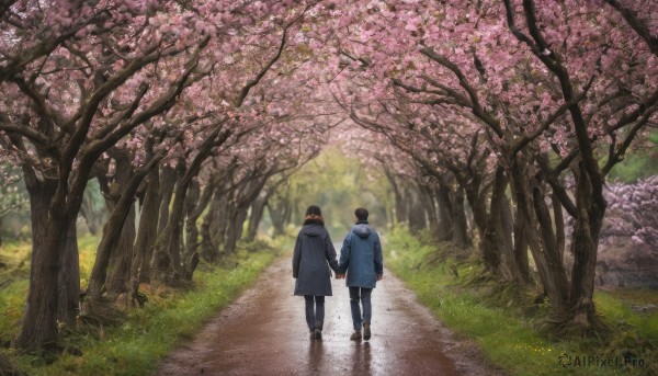 1girl, short hair, black hair, 1boy, jacket, boots, outdoors, day, pants, hood, from behind, tree, coat, fur trim, holding hands, black pants, grass, cherry blossoms, nature, scenery, walking, road, path