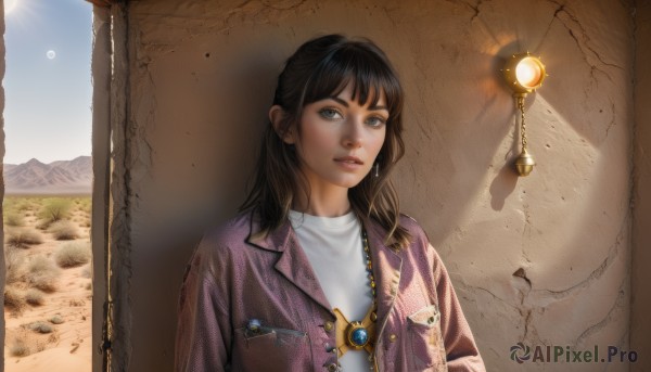 1girl,solo,long hair,looking at viewer,bangs,brown hair,shirt,black hair,brown eyes,jewelry,jacket,white shirt,upper body,earrings,outdoors,parted lips,open clothes,teeth,day,necklace,black eyes,open jacket,lips,grey eyes,shadow,moon,rock,mountain,realistic,sun,against wall,pink jacket,purple jacket,wall,desert,denim jacket,sky,medium hair,blue sky,sunlight