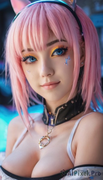 1girl,solo,breasts,looking at viewer,smile,short hair,bangs,blue eyes,large breasts,animal ears,cleavage,bare shoulders,jewelry,medium breasts,closed mouth,upper body,pink hair,hairband,earrings,choker,cat ears,medium hair,necklace,off shoulder,star (symbol),blurry,collar,lips,eyelashes,makeup,detached collar,blurry background,fake animal ears,facial mark,piercing,eyeshadow,nose,eyeliner,mascara,portrait,realistic,spaghetti strap