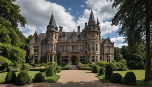 outdoors,sky,day,cloud,tree,blue sky,no humans,window,shadow,cloudy sky,grass,building,nature,scenery,forest,road,bush,wall,house,castle,path,plant,rock,fantasy,tower,church,arch