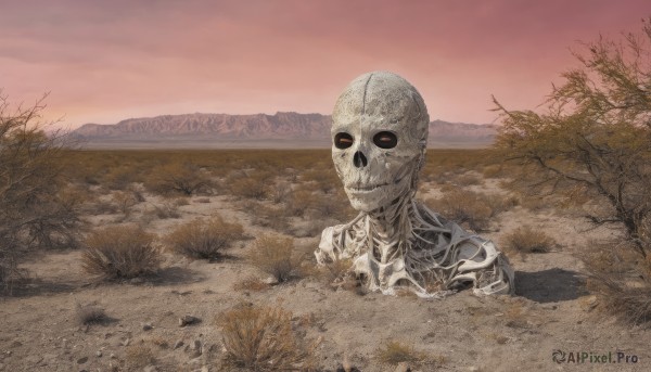 solo,outdoors,sky,tree,no humans,grass,nature,scenery,skull,skeleton,bare tree,bone,horror (theme),desert