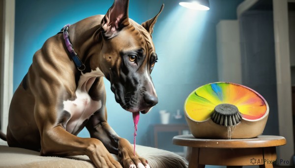 HQ,solo,sitting,food,indoors,blurry,collar,no humans,fruit,animal,table,dog,realistic,animal focus,what,photo inset,brown eyes,yellow eyes,tongue,tongue out,saliva,blood,chair,lamp,animal collar,pet bowl