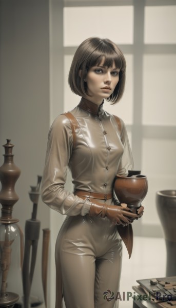 1girl,solo,breasts,looking at viewer,short hair,bangs,brown hair,shirt,black hair,gloves,long sleeves,holding,brown eyes,jewelry,closed mouth,standing,white shirt,weapon,cowboy shot,earrings,small breasts,belt,pants,indoors,black eyes,lips,window,table,bob cut,helmet,brown gloves,headwear removed,leather,helmet removed,high-waist pants,leather gloves,realistic,white pants