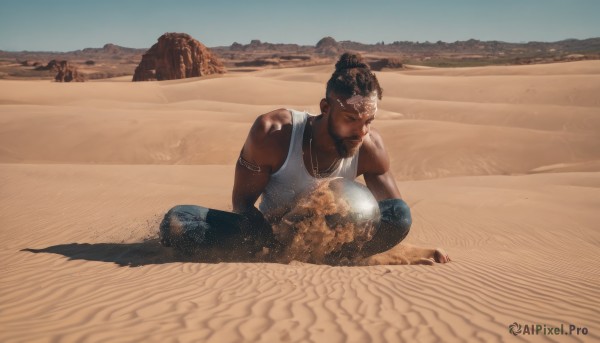 solo,brown hair,shirt,black hair,1boy,jewelry,sitting,ponytail,male focus,outdoors,sleeveless,day,pants,dark skin,necklace,hair bun,dark-skinned female,tattoo,facial hair,dark-skinned male,tank top,denim,beard,jeans,realistic,sand,indian style,white tank top,very dark skin,photo background,desert,dreadlocks,cactus,sky,beach,single hair bun,scenery,armlet,rock