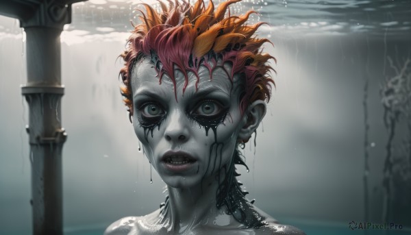 1girl,solo,looking at viewer,short hair,jewelry,green eyes,red hair,multicolored hair,earrings,parted lips,teeth,water,orange hair,blurry,lips,wet,grey eyes,colored skin,portrait,rain,wet hair,grey skin,open mouth,eyelashes,messy hair,bubble,curly hair,underwater,air bubble,pillar,submerged