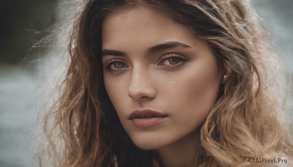 1girl,solo,long hair,looking at viewer,blonde hair,brown hair,jewelry,multicolored hair,parted lips,blurry,two-tone hair,lips,grey eyes,eyelashes,blurry background,wavy hair,messy hair,portrait,close-up,curly hair,realistic,nose,earrings