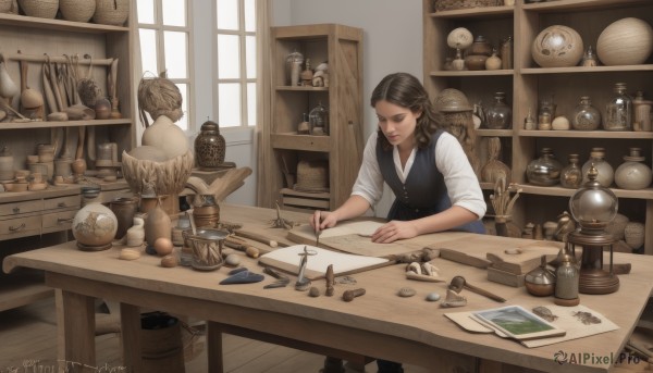 1girl,solo,long hair,brown hair,shirt,brown eyes,sitting,white shirt,artist name,indoors,vest,book,window,watermark,chair,looking down,table,bottle,sleeves rolled up,black vest,wooden floor,paper,shelf,jar,drawer,globe,wooden table,weighing scale,loaded interior,multiple girls,holding,braid,day,collared shirt,signature,hair bun,dated,cup,lips,sunlight,single hair bun,box,rope,scenery,desk,realistic,fantasy,scroll,quill,cabinet,wooden chair