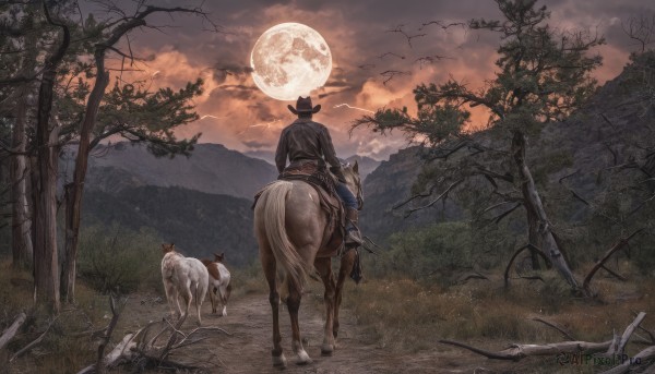 solo,1boy,hat,weapon,male focus,outdoors,japanese clothes,sky,sword,cloud,from behind,tree,night,bird,animal,moon,cloudy sky,grass,nature,scenery,full moon,forest,facing away,riding,horse,bare tree,topknot,horseback riding,red sky,deer,standing,jacket,pants,1other,mountain,landscape