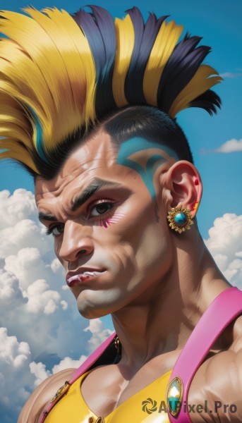 solo,looking at viewer,smile,blonde hair,black hair,1boy,brown eyes,jewelry,blue hair,upper body,ponytail,male focus,multicolored hair,earrings,parted lips,sky,teeth,day,cloud,dark skin,black eyes,two-tone hair,blue sky,lips,tattoo,makeup,muscular,piercing,thick eyebrows,cloudy sky,tank top,ear piercing,portrait,veins,nose,mascara,lip biting,mohawk,outdoors,facial mark,pectorals,muscular male,facepaint,undercut,facial tattoo