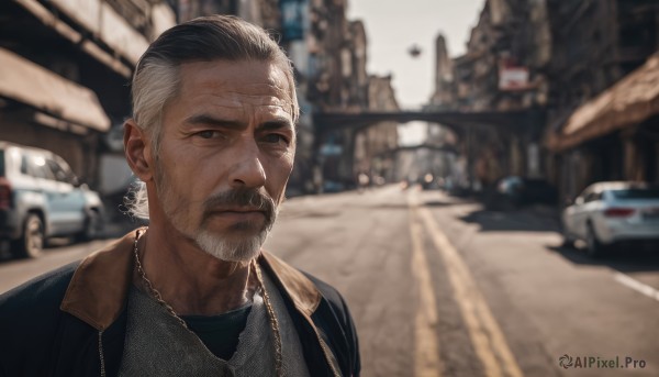 solo,short hair,shirt,black hair,1boy,jewelry,closed mouth,jacket,upper body,grey hair,male focus,outdoors,day,necklace,blurry,black eyes,black jacket,depth of field,blurry background,facial hair,ground vehicle,building,motor vehicle,beard,city,realistic,mustache,car,road,old,old man,street,photo background,real life insert,real world location,wrinkled skin,looking at viewer,white hair,multicolored hair,two-tone hair,scar,parody,expressionless,portrait,scar on face,meme