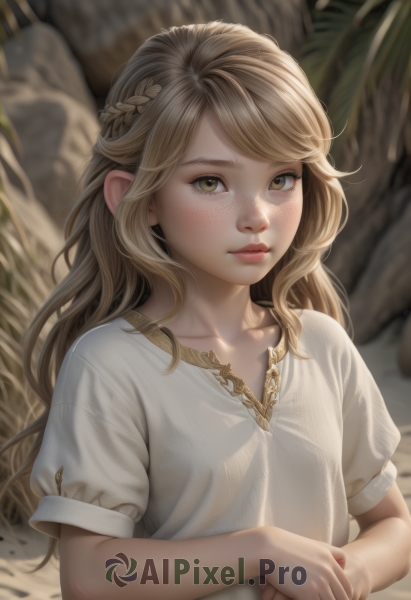 1girl,solo,long hair,looking at viewer,blush,bangs,blonde hair,shirt,dress,brown eyes,closed mouth,collarbone,yellow eyes,white shirt,upper body,braid,short sleeves,outdoors,puffy sleeves,white dress,blurry,puffy short sleeves,lips,blurry background,own hands together,freckles,rock,realistic,nose,french braid