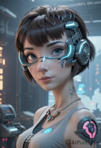 1girl,solo,breasts,looking at viewer,smile,short hair,bangs,blue eyes,brown hair,black hair,bare shoulders,jewelry,medium breasts,closed mouth,upper body,artist name,necklace,blurry,lips,eyelashes,tattoo,makeup,depth of field,blurry background,headgear,headphones,facial mark,tank top,robot,goggles,science fiction,pink lips,realistic,nose,arm tattoo,facepaint,cyborg,mascara,cyberpunk,collarbone,glasses,sleeveless,indoors,lipstick,semi-rimless eyewear,eyeshadow,headset,under-rim eyewear,eyeliner,facial tattoo