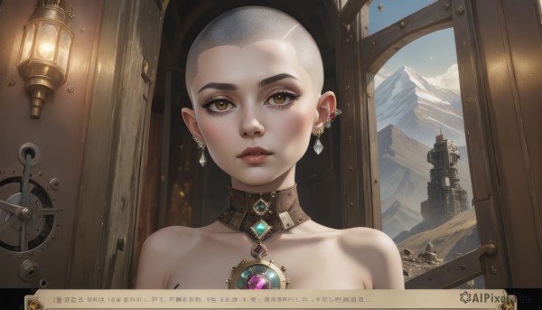 1girl,solo,looking at viewer,short hair,bare shoulders,brown eyes,jewelry,collarbone,upper body,grey hair,earrings,artist name,indoors,collar,lips,piercing,gem,ear piercing,portrait,freckles,fantasy,door,bald,very short hair,steampunk,parted lips,sky,eyelashes,forehead,mountain,nose