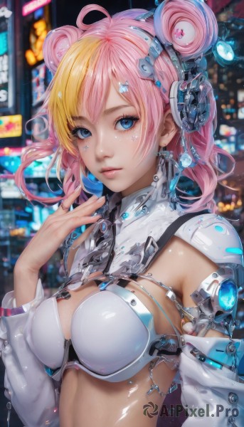 1girl,solo,breasts,looking at viewer,short hair,bangs,blue eyes,blonde hair,large breasts,hair ornament,navel,cleavage,jewelry,medium breasts,swimsuit,upper body,pink hair,ahoge,bikini,multicolored hair,earrings,parted lips,detached sleeves,shiny,hair bun,star (symbol),blurry,two-tone hair,lips,shiny skin,eyelashes,double bun,blurry background,headgear,ring,science fiction,cyborg,split-color hair,cyberpunk,long hair,long sleeves,closed mouth,outdoors,hairclip,midriff,artist name,hand up,nail polish,armor,streaked hair,fingernails,makeup,headphones,facial mark,bikini top only,hair rings,pink lips,nose