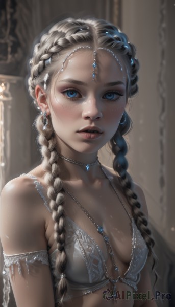 1girl,solo,long hair,breasts,looking at viewer,blue eyes,blonde hair,hair ornament,cleavage,bare shoulders,jewelry,underwear,collarbone,upper body,braid,bikini,earrings,small breasts,parted lips,teeth,choker,artist name,necklace,bra,blurry,twin braids,lips,eyelashes,depth of field,blurry background,gem,hair over shoulder,armlet,freckles,circlet,realistic,nose,mascara,multiple braids,blue hair,multicolored hair,piercing,breasts apart