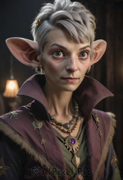 solo,looking at viewer,short hair,shirt,hair ornament,1boy,animal ears,jewelry,closed mouth,jacket,upper body,white hair,grey hair,male focus,earrings,pointy ears,necklace,mole,blurry,vest,lips,coat,grey eyes,depth of field,blurry background,elf,androgynous,freckles,realistic,green shirt,1girl,blue eyes,green eyes,artist name,makeup,gem,lamp