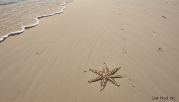 monochrome,outdoors,water,no humans,ocean,beach,scenery,sand,waves,starfish,shore,footprints,day,from above