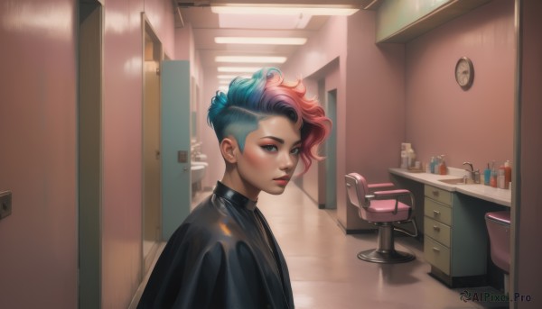 1girl,solo,looking at viewer,short hair,blue eyes,1boy,jewelry,closed mouth,blue hair,jacket,upper body,pink hair,male focus,red hair,multicolored hair,earrings,indoors,from side,two-tone hair,lips,black jacket,bodysuit,gradient hair,makeup,piercing,bottle,lipstick,eyeshadow,mirror,realistic,nose,door,clock,red lips,eyeliner,very short hair,leather,undercut,latex,mascara,sink,cabinet,green eyes,green hair,freckles,reflection,asymmetrical hair,mohawk