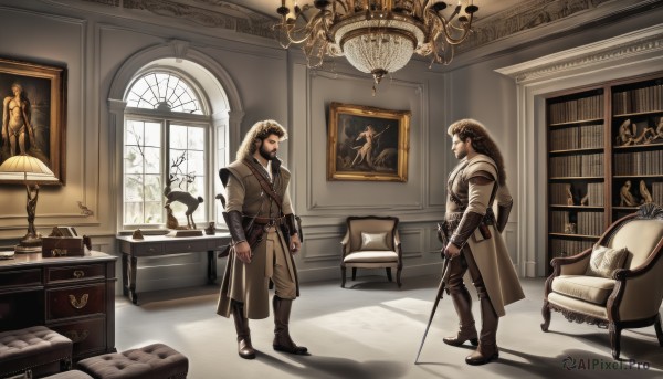 long hair,brown hair,long sleeves,holding,standing,weapon,male focus,boots,multiple boys,belt,pants,sword,indoors,hood,2boys,holding weapon,armor,looking at another,coat,pillow,book,window,bed,shadow,facial hair,chair,table,sheath,couch,beard,desk,sheathed,clock,bookshelf,lamp,scabbard,photo (object),picture frame,painting (object),picture (object),candlestand,chandelier,portrait (object),gun,rifle,candle,statue,carpet,phonograph