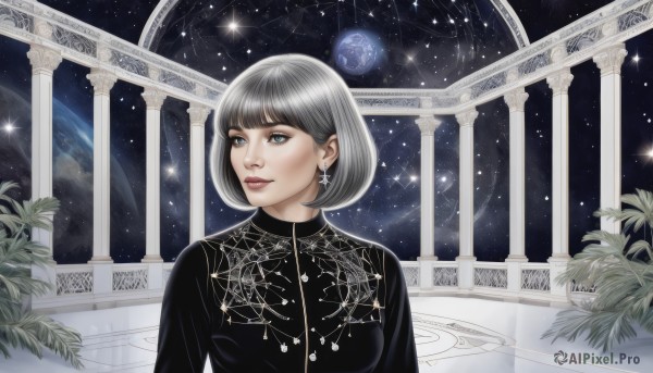 1girl,solo,breasts,smile,short hair,bangs,blue eyes,dress,jewelry,upper body,grey hair,earrings,sky,blunt bangs,star (symbol),black dress,lips,bob cut,plant,star (sky),starry sky,space,planet,earth (planet),constellation,artist name,looking to the side,grey eyes,realistic