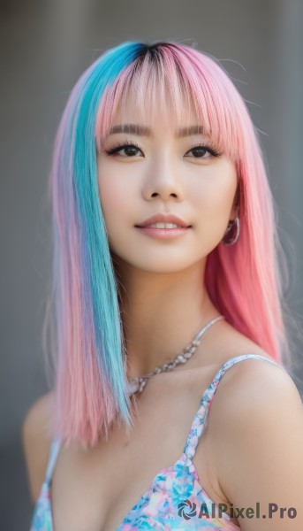 1girl,solo,long hair,breasts,looking at viewer,smile,bangs,cleavage,bare shoulders,brown eyes,jewelry,medium breasts,underwear,blue hair,swimsuit,upper body,pink hair,bikini,multicolored hair,earrings,parted lips,teeth,necklace,bra,grin,blurry,black eyes,two-tone hair,lips,aqua hair,makeup,blurry background,floral print,realistic,nose,black hair,looking up,hoop earrings