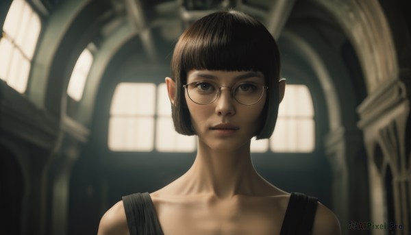 1girl,solo,looking at viewer,short hair,bangs,brown hair,black hair,bare shoulders,brown eyes,closed mouth,collarbone,upper body,glasses,pointy ears,indoors,blunt bangs,blurry,black eyes,lips,window,depth of field,blurry background,bob cut,tank top,portrait,realistic,nose,round eyewear,sunlight,backlighting