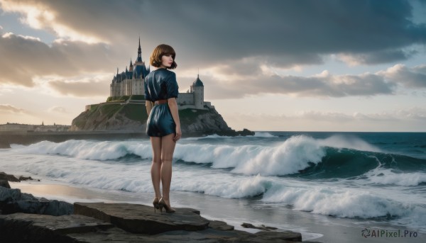 1girl,solo,looking at viewer,short hair,bangs,brown hair,dress,brown eyes,jewelry,closed mouth,standing,full body,short sleeves,earrings,outdoors,sky,shoes,day,belt,looking back,cloud,water,from behind,black footwear,high heels,lips,bare legs,makeup,blue dress,ocean,beach,short dress,cloudy sky,lipstick,scenery,mountain,arms at sides,horizon,wide shot,castle,shore,cliff,skirt,pantyhose,black pantyhose,sand,river